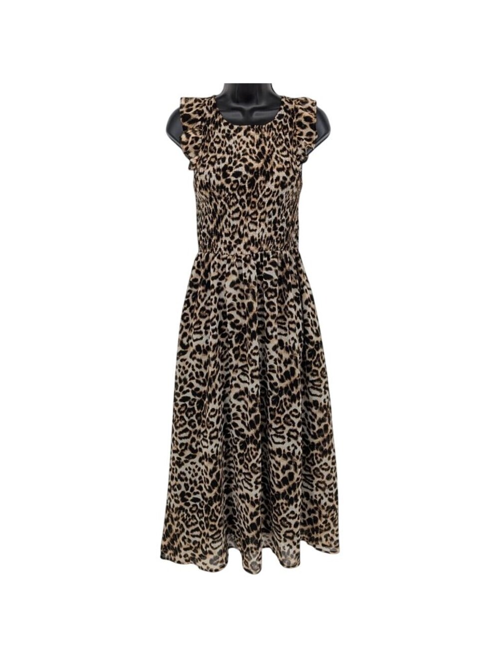Leopard Maxi Dress Smocked Ruffle Sleeve Vacation Statement Effortless XSmall